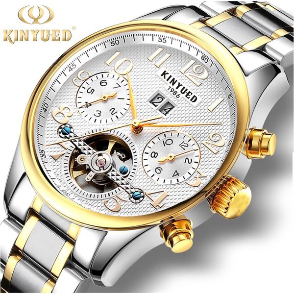 

wristwatches kinyued distinctive style waterproof luminous stainless steel automatic mechanical male luxury business men watch, Slivery;brown