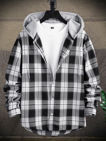 

men plaid print drawstring hooded high low hem shirt without g2e1#, White;black