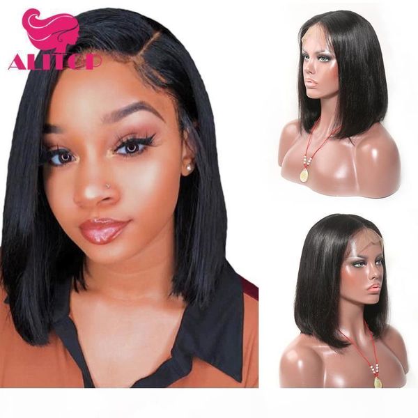 

aliruler 13x6 lace front human hair wigs short bob wig 150%density pre plucked with baby hair peruvian remy for black women, Black;brown