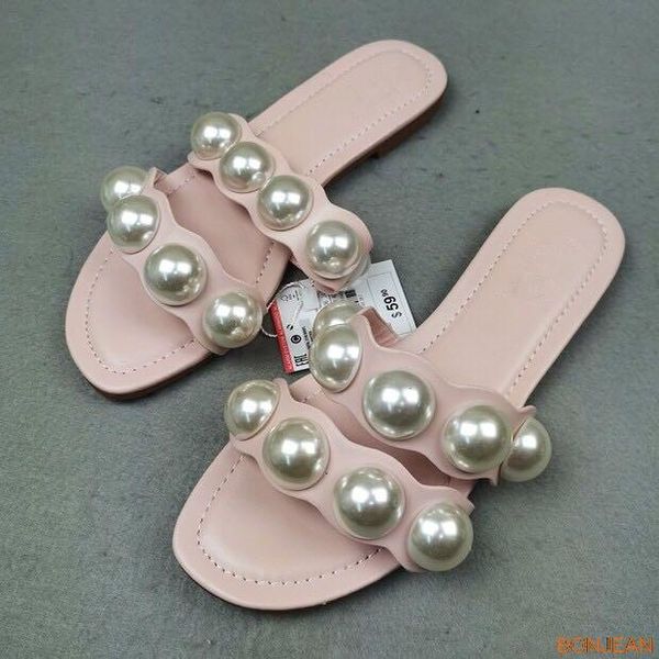 

slippers 2021 fashion brand party dresses shoes fulgurant pearl sandals thin belt roman flat women flip flops casual beach, Black