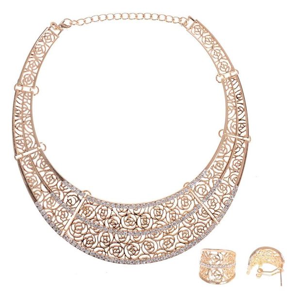 

earrings & necklace pinksee ethnic hollow roses pattern jewelry set women choker with small crystal, Silver
