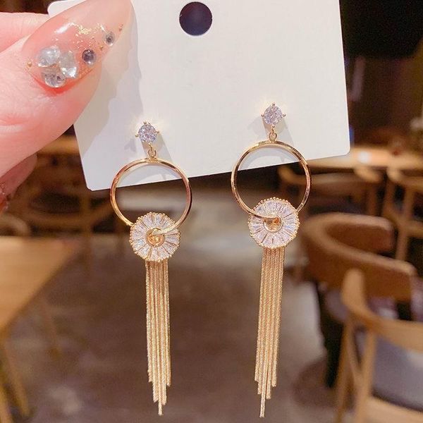 

micro pave zircon circle tassel earrings women temperament new fashion jewelry long drop earings, Silver
