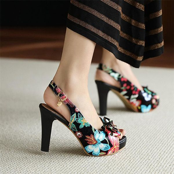 

sandals brand 2021 elegant high heels slingback peep toe office lady party flowers printed shoes women, Black