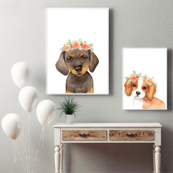 

paintings scandinavian nordic anime wall poster picture cute cartoon dog with the wreath canvas print painting no frame still life