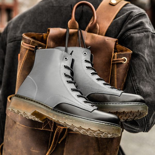 

2021 autumn and winter new mid high lace up trend men's shoes korean personalized color matching martin tooling boots, Black