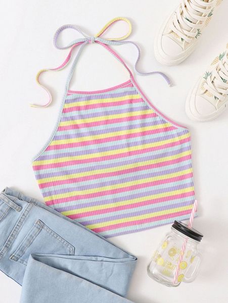 

tie back rib-knit rainbow striped halter x5np#, White