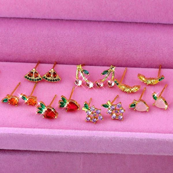 

stud summer trendy shiny crystal colorful fruits earrings for women sweet cute gold prong setting gem small jewelry party gifts, Golden;silver