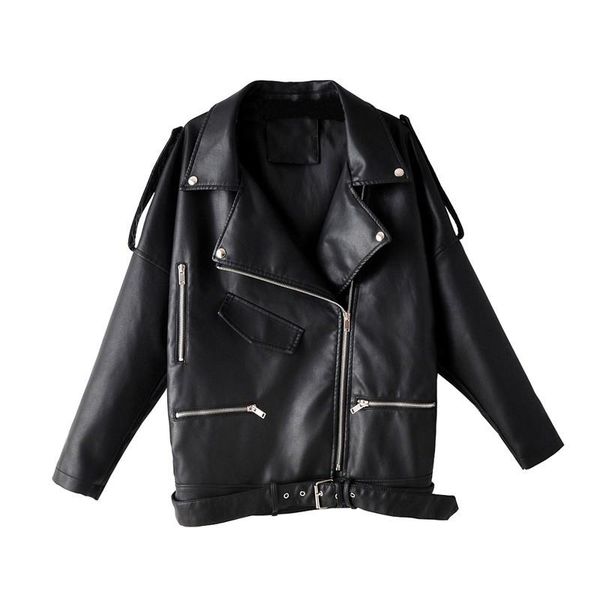 

women's leather & faux yizzhoy spring autumn women casual loose biker outwear female bf black coat oversized jacket with belt