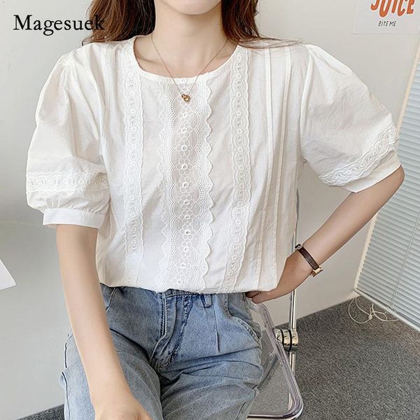 

women's blouses & shirts french sweet summer lace shirt 2021 vintage embroidery round collar blouse casual loose cotton white clothes