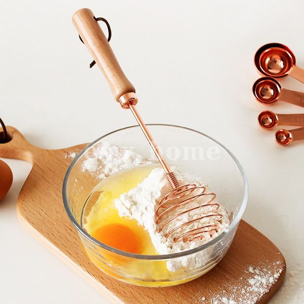 Frullino per le uova in metallo di faggio oro rosa con manico in legno Utensili da cucina Frullatore per uova a mano Schiuma Crema Frusta Utensile da forno