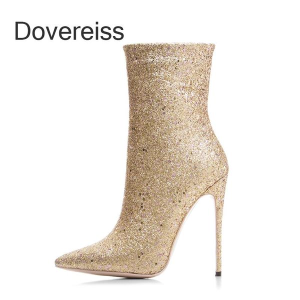 

boots winter woman fashion consice shoes zipper gold silver pointed toe stilettos heels elegant ankle big size 42 43, Black
