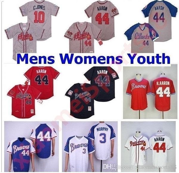 

braves men women kids vintage 44 hank aaron h.aaron 3 dale murphy 10 chipper jones 1957 1963 1973 1974 1982's baseball jerseys, Blue;black