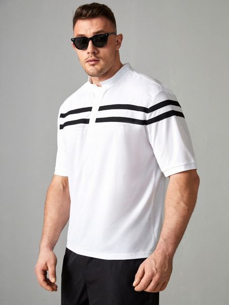 

extended sizes men striped print polo shirt c1th#, White;black