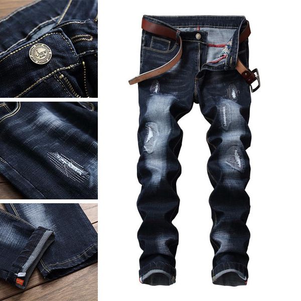 

men's jeans european and american long brand fashion denim hip hop cool men slim straight legs worn out, Blue