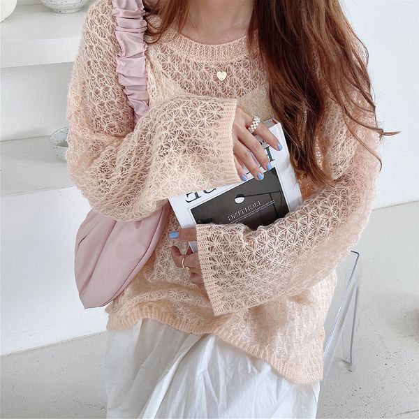 

new hollow loose thin mohair knitted women's 2021 summer korean-style long-sleeved sweater j8iz, White;black