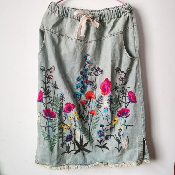 

skirts korean women drawstring elastic waist long skirt flower embroidered blue denim cotton ladies casual formal cowboy, Black