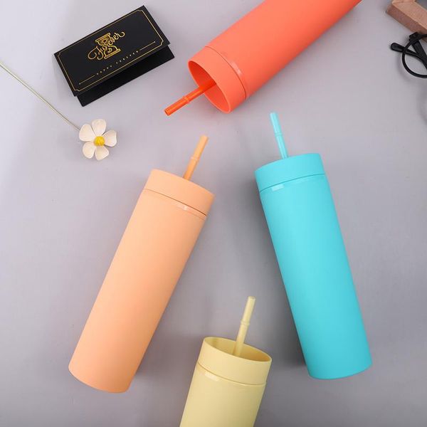 

mugs 450ml s rainbow color double wall water bottle with straws lid plastic reusable drinkware coffee drinking cup outdoor