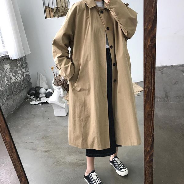 

goohojio 2021 new casual solid color single breasted women trench fashion office coat chic long trench fashion ladies coat, Tan;black