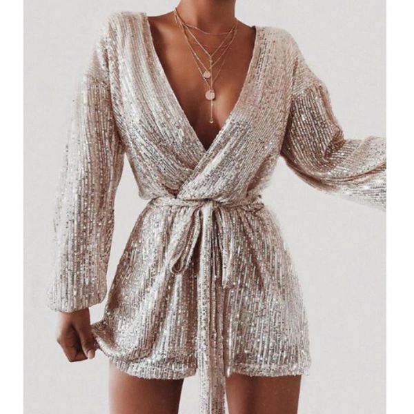 

women's jumpsuits & rompers 2021 fashion women sequins bling romper evening party elegant playsuits long sleeve v-neck formal club shor, Black;white