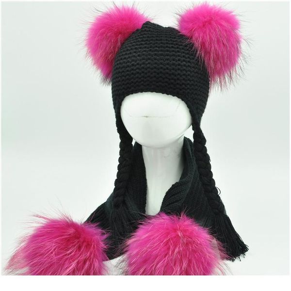 

kids winter hat and scarf set children luxury big fur ball warm crochet beanie set real raccoon fur pom pom jllwrq