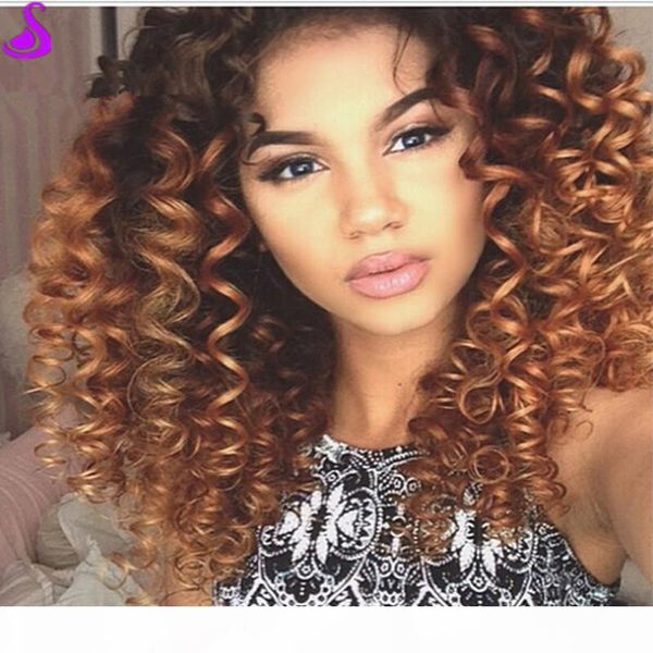 

ombre brown wig short afro kinky curly synthetic lace front wig glueless heat resistant natural hair wigs for black women 180 density