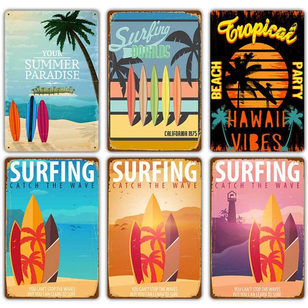 

vintage hawaii surf time metal wall art painting plate seaside beach poster plaque for bar pub club surf shop decor