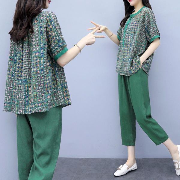 

summer plus size pantssuit women's oversize printing sets 2021 new short sleeve slacks urban casual fashion cotton suit, Gray