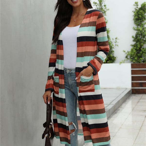 

2021 new women autumn colour striped print cardigan fashion casual korean pocket loose long sleeve outwear coat femme 5h3z, White;black
