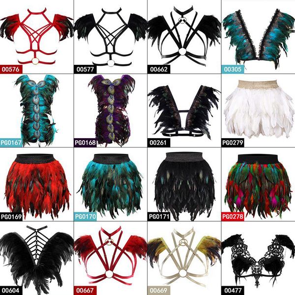 

Feather Body Harness Mid Waist Mini A-line Skirt Fashion Cage Sexy Lingerie Punk Goth Fetish Exotic BurningMan Dance Rave Wear, Blue
