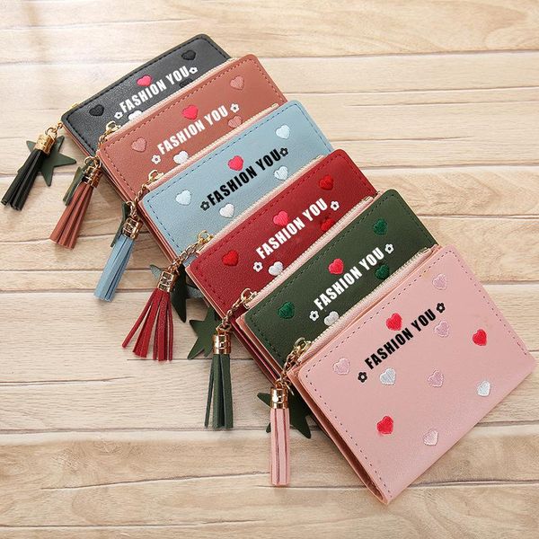 

wallets jiulin fashion pu leather embroidery heart tassel star short colorful for women clutch purse money card clip wallet, Red;black