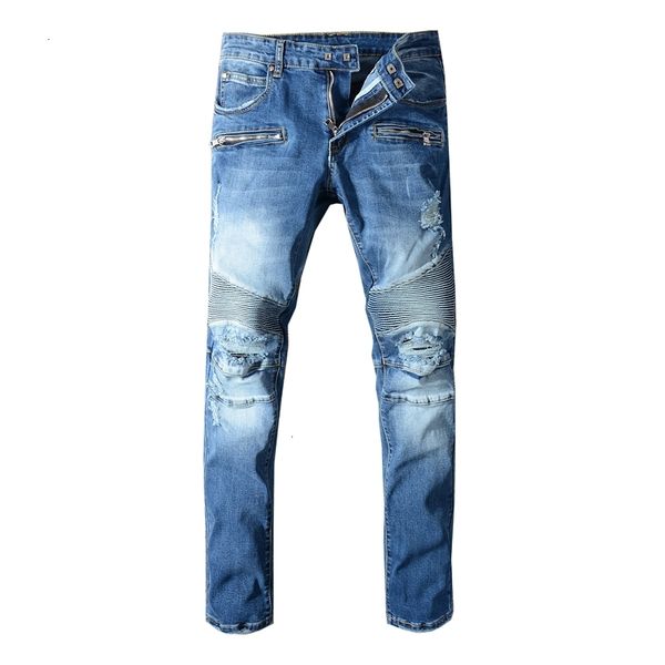 

men's street fashion knee fold blue jeans youth stretch slim stitching denim pants 1072 emu1
