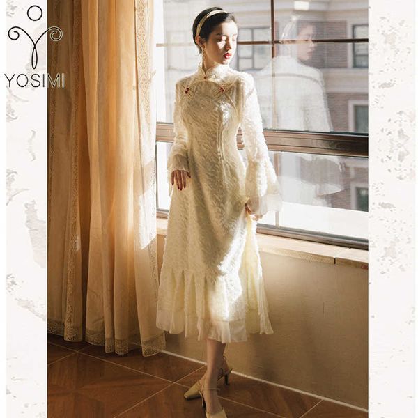 

yosimi chinese style cheongsam spring women party dress elegant fall mid-calf fit and flare a-line long sleeve beige 210604, Black;gray