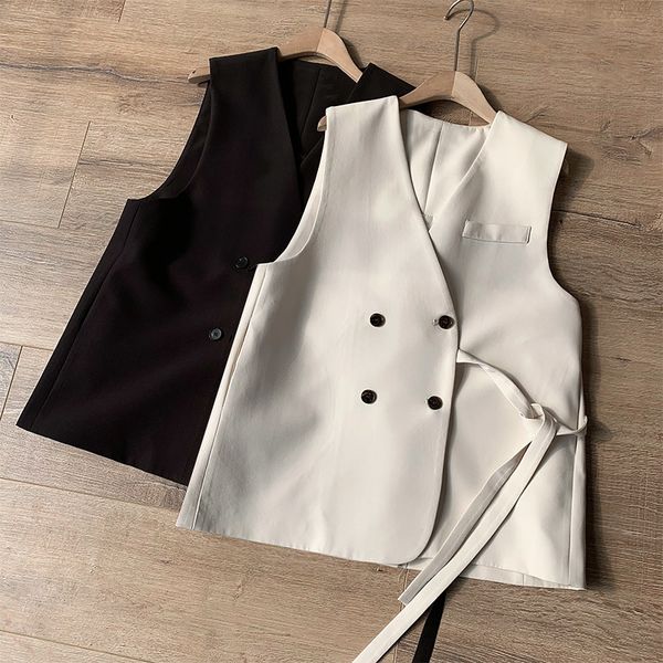 

2021 spring new v-neck drouble button vintage lace-up design all match vest casual women thin coat tj0u, Black;white