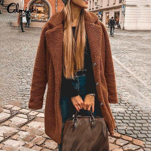 

women's wool & blends celmia 2021 winter jackets warm faux fur coats fashion fleece solid fluffy outerwear casual loose plush overcoats, Black