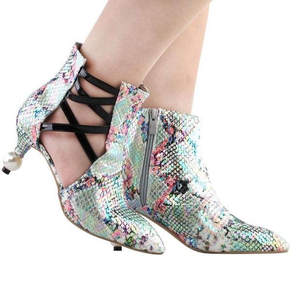 

dress shoes lf60435 show story retro snakeskin print strappy cut-out pointed toe exquisite pearl heel ankle bootie, Black