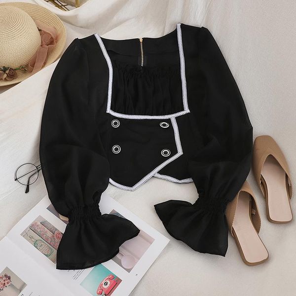 

women's blouses & shirts spring women long-sleeved square collar blouse short student girls black and white zipper