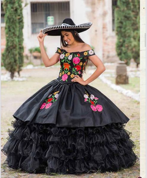 

2022 black vintage mexican flower embroidery quinceanera dresses ball gown off the shoulder charro xv satin with sleeves evening formal dres, Blue;red