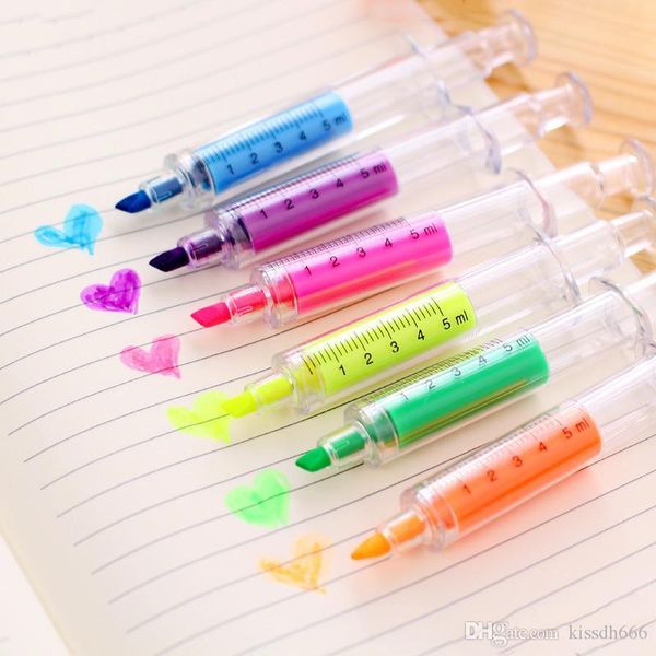 300pcs 6 colori novità infermiera ago siringa a forma di evidenziatori pennarelli pennarelli penne materiale scolastico di cancelleria
