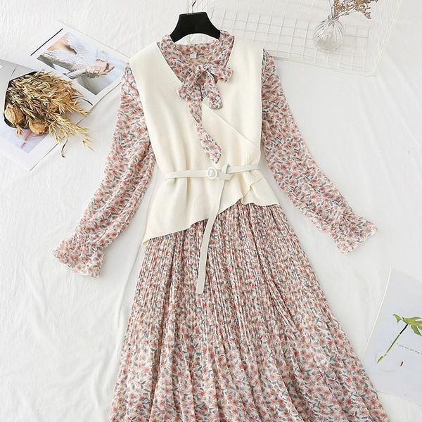 

two piece dress set ladies elegant floral chiffon + knitting vest spring 2021 fashion pleated dresses women sets q1237, White