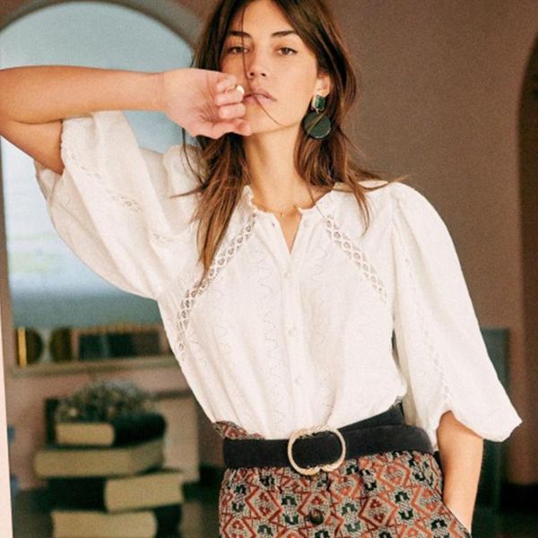 

women's blouses & shirts lace patchwork embroidered women 2021 puff sleeve round neck chic cotton elegant blouse vintage white loose tu