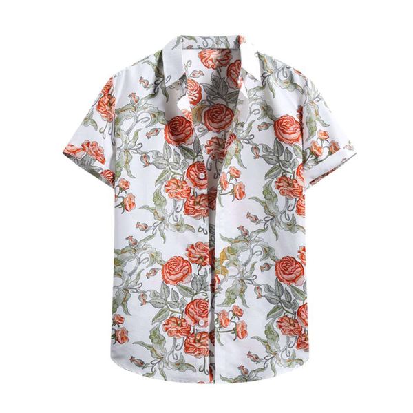 

summer men printed shirt short sleeve turn-down collar streetwear chic loose men's hawaiian beach flower shirtturtleneck shirt, White;black