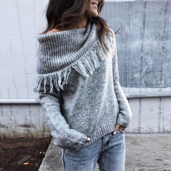 

scarf collar plain sweater long sleeve knitted women's sweater pullover casual basic jumper thicken warm oversized sweaters, White;black
