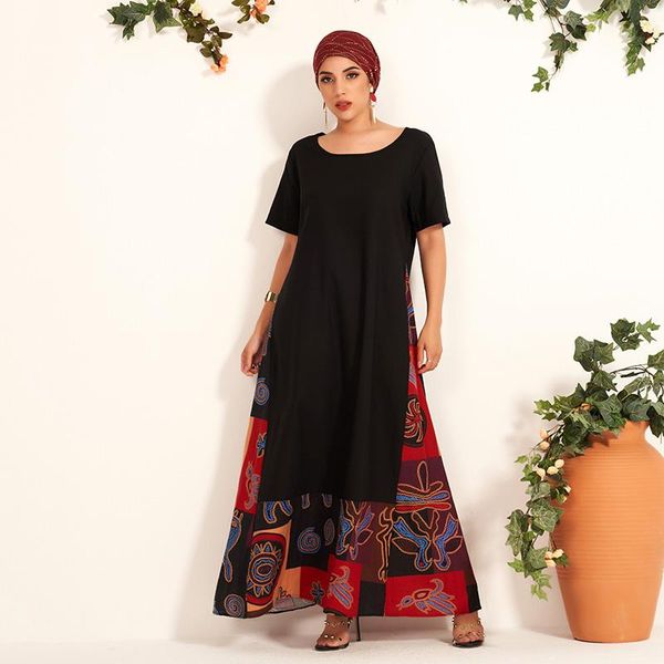 

casual dresses summer products ladies cotton linen fashion color matching loose commuter arabian dress large size long women's, Black;gray