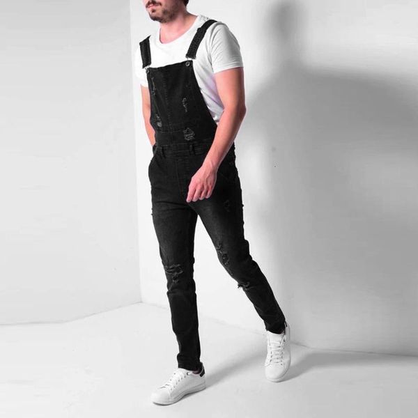 

hole pocket jeans men adjustable shoulder strap slim denim overalls casual bib pants jumpsuit overalls for man suspender pants, Blue