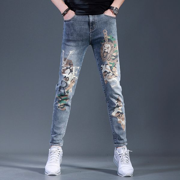 

2021 fashion blue printed jeans casual korean-style men fine fitting pencil pants streetwear stretch denim qh85, White;black