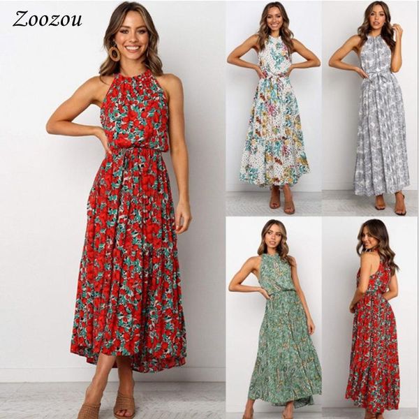

casual dresses 2021 summer halter print ankle lenght dress bohemian sleeveless open shoulder beach loose women empire waist long, Black;gray