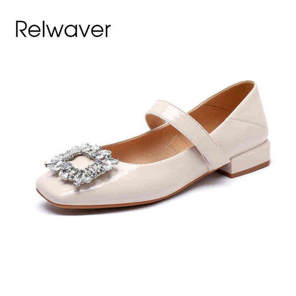 Kleidschuhe Relwaver Damenschuhe Mikrofaser Diamant Leder Mode Frühling Sommer Chic Party Hochzeitskleid Low Heal Square Toe 220303