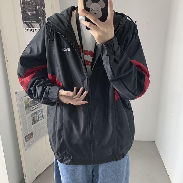 

autumn color matching hooded windbreaker men's korean fashion brand loose young handsome versatile jacket, Black;brown