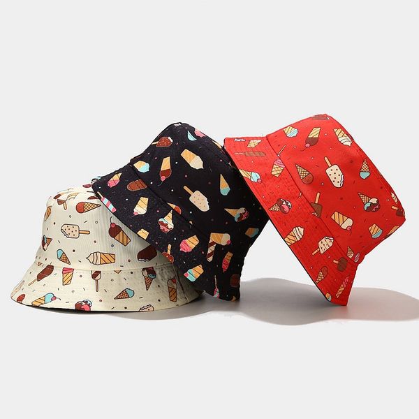 

2021 new style cartoon ice cream print bucket hat fisherman hat outdoor travel hat sun cap hats for men and women 96, Blue;gray