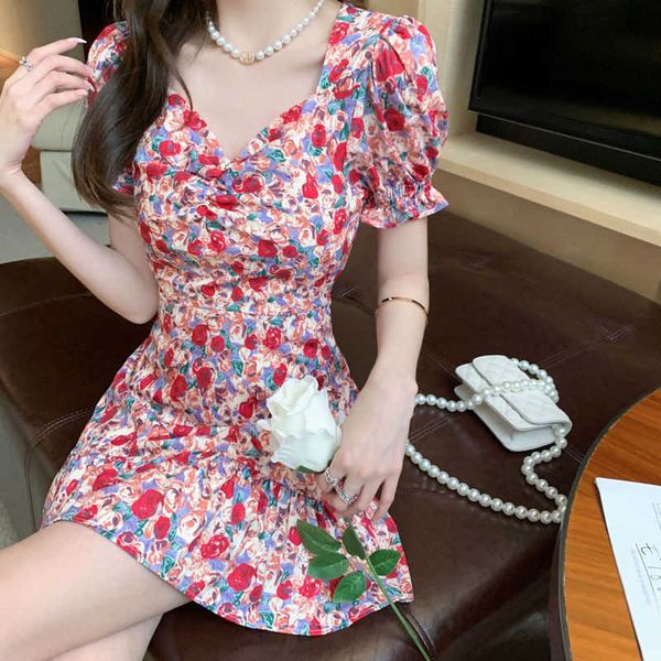 

grandiflorum tea platycodon break french foam sleeve floral dress small summer thin light mature wind waist first love skirt, Black;gray